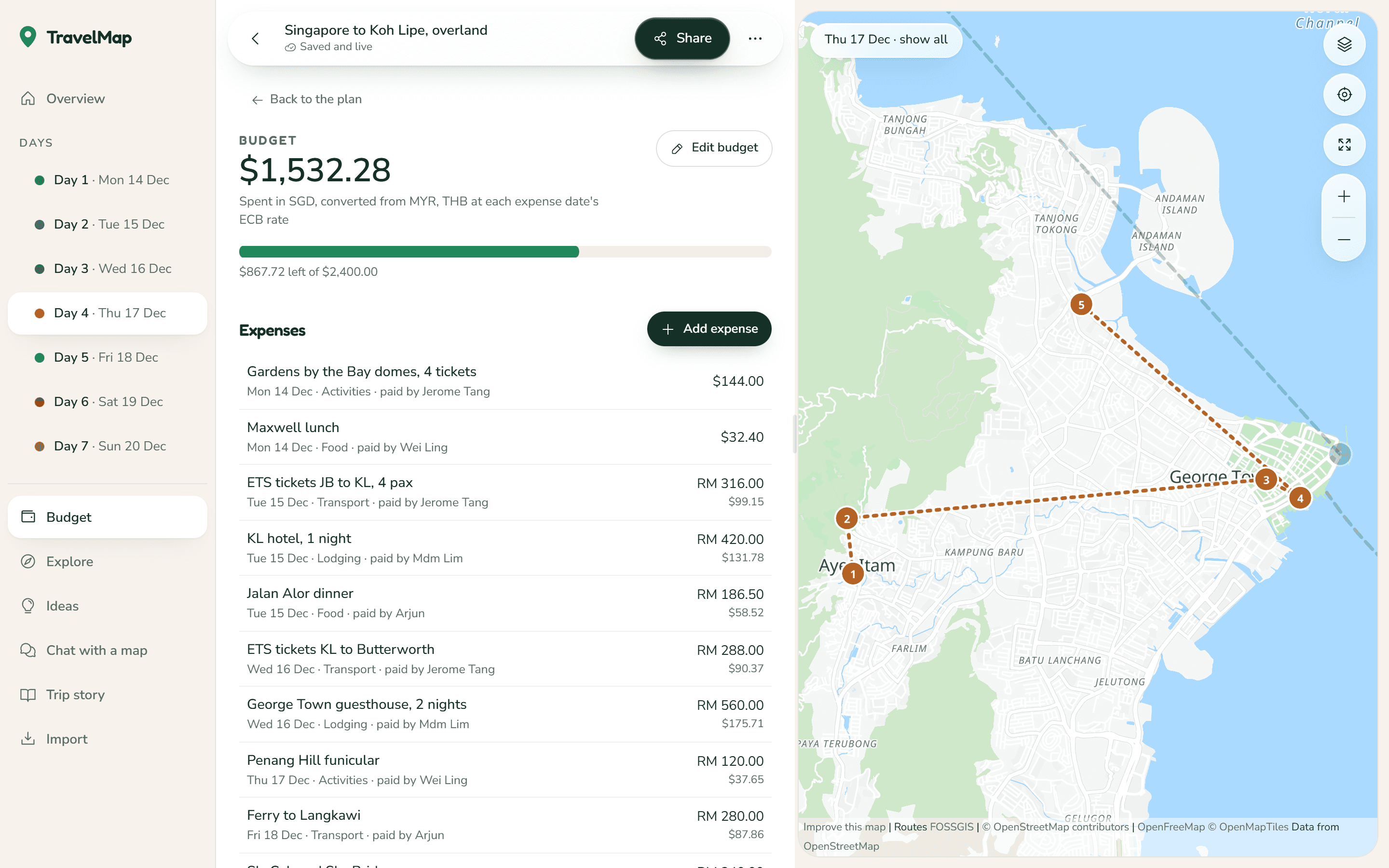 The budget: one total in Singapore dollars and who owes who