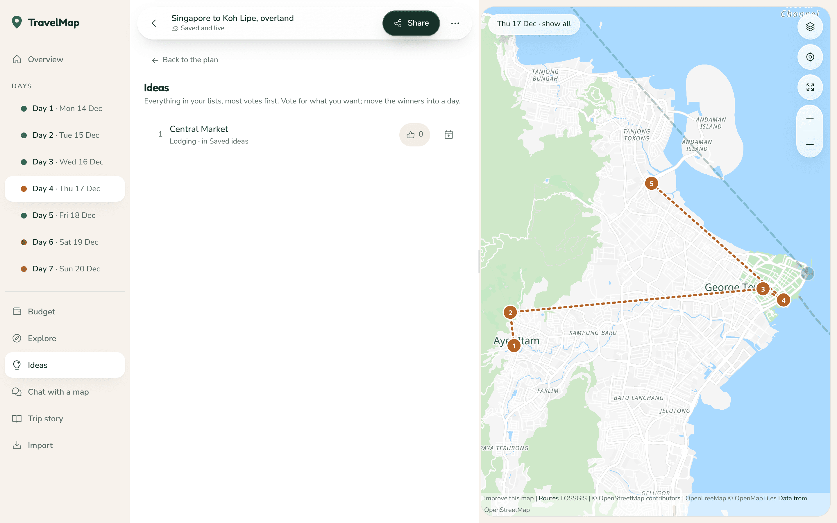 The Ideas view, with places sorted by votes