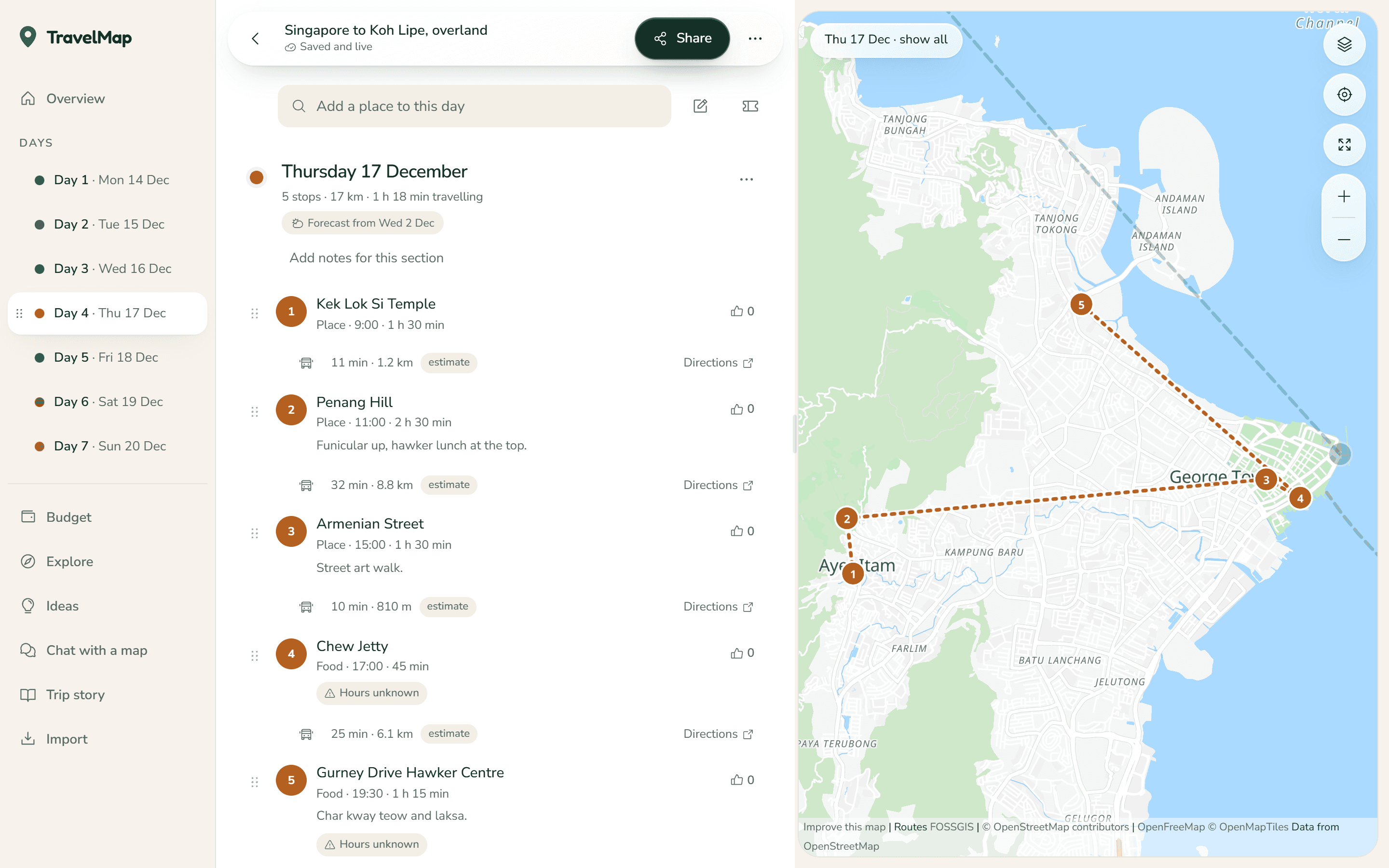A TravelMap trip: day 4 in George Town with five numbered stops, travel times between them and the route on the map