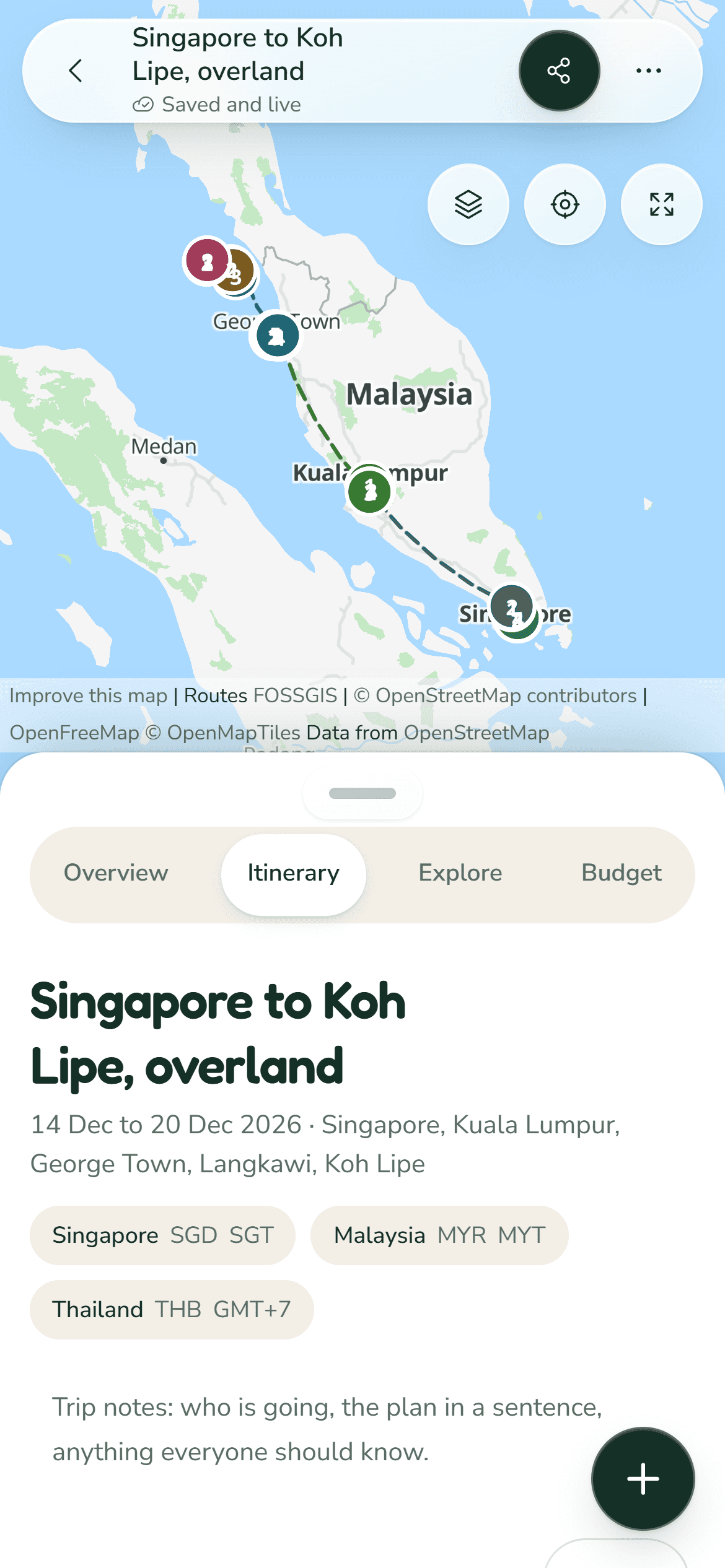 TravelMap on a phone: the map with a sheet holding the trip